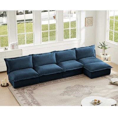Modern Sectional Sofa, Slipcovered 4 Seater Armless Sofa with Reversible Ottoman, Sectional Sofas with Chenille Fabric-Cuddlewood