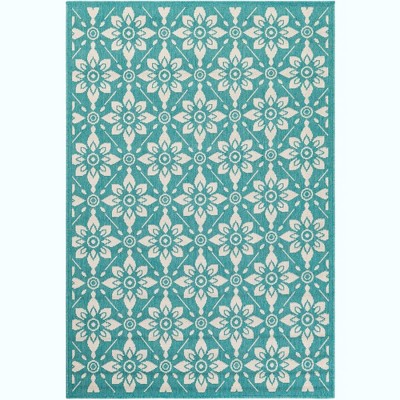 Teal Floral Flat Woven Stain-Resistant 4' x 6' Outdoor Rug
