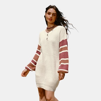 Women's Knit V-Neck Striped Long Sleeve Loose Fit Mini Sweater Dress - Cupshe