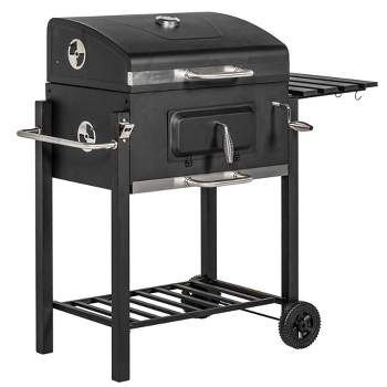 Outsunny Charcoal BBQ Grill, Outdoor Portable Cooker for Camping or Backyard Picnic with Side Table, Bottom Storage Shelf, Wheels and Handle