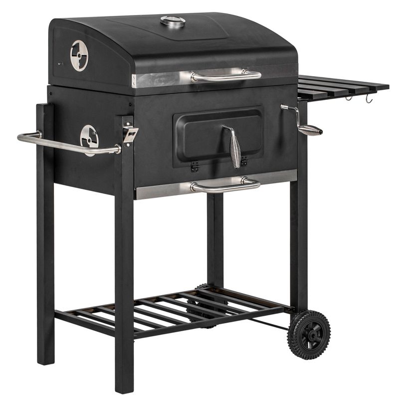 Outsunny Charcoal BBQ Grill, Outdoor Portable Cooker for Camping or Backyard Picnic with Side Table, Bottom Storage Shelf, Wheels and Handle, 1 of 7