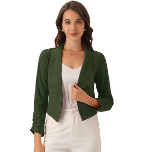 INSPIRE CHIC Women's Regular Fit Notched Lapel Ruched Sleeve Business Crop Blazer - 1 of 4