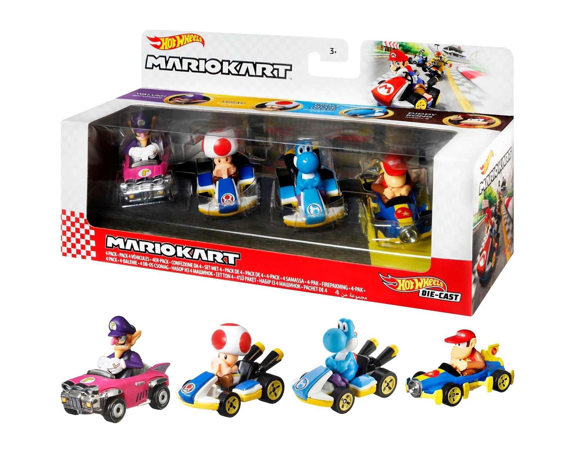 Hot Wheels Mario Kart Waluigi, Toad, Yoshi & Donkey Kong Set of 4 Die-Cast Cars