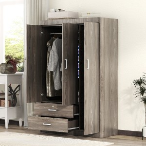 TIRAMISUBEST 3-Door Wardrobe with 2 Storage Drawers, Modern Bedroom Armoire Closet with Hanging Rod and Storage Shelves - 1 of 4