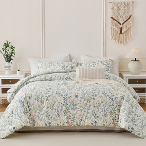 Cotton Duvet Cover Set – 100% Washed Cotton Reversible Floral Bedding with Zipper Closure, Soft Breathable 3-Piece Set - 1 of 4