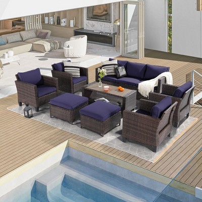 Sonkuki 8-Piece Patio Conversation Set with Ottoman and Side Table, Navy Blue Cushion