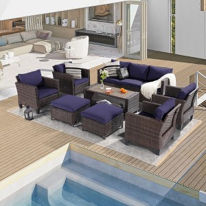 Sonkuki 8-Piece Patio Conversation Set with Ottoman and Side Table, Navy Blue Cushion - 1 of 4
