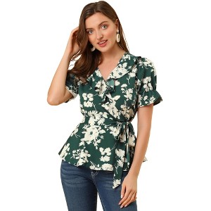 INSPIRE CHIC Women's Floral V Neck Tie Waist Short Sleeve Belted Ruffle Wrap Shirt - 1 of 4
