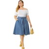 Agnes Orinda Women's Plus Size Tie Waist Button Front Pockets A-Line Midi Denim Skirts - 3 of 4