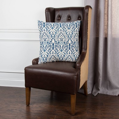 Large Blue Damask Cotton Square Throw Pillow