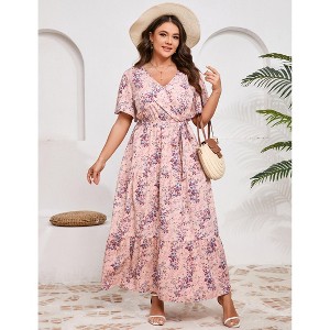 YESFASHION V Neck Wrap Maxi Dress for Women Plus Size High Waist Ruffle Casual Summer Dress with Belt - 1 of 4