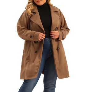Agnes Orinda Women's Plus Size Faux Suede Notched Lapel Double Breasted Belt Trench Coats - 1 of 4