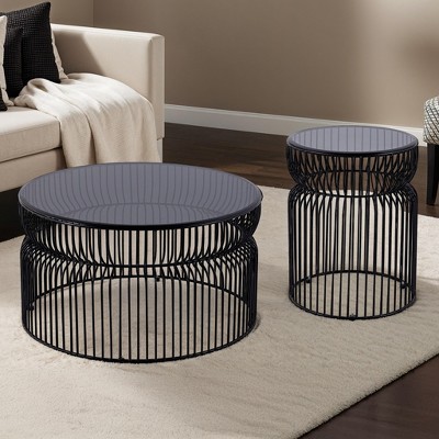 Modern Contemporary Metal Nested base and Tinted tempered glass top material 30inRound Coffee Table, 21inHeight End Table, Side Table for Living room