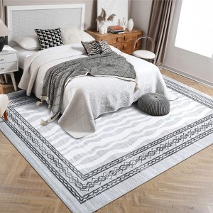 Modern Wave Print Area Rug Geometric Bordered Floor Carpet for Bedroom Low Pile Soft Rugs for High Traffic Areas - 1 of 4