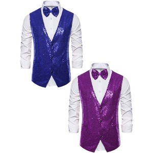 Lars Amadeus Men's Shiny Sequin Sleeveless Suit Vest Set with Bow Tie 2 Packs - 1 of 4