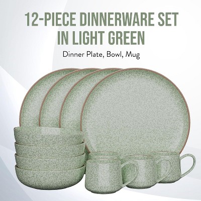 Sage Green and White Ceramic 12-Piece Dinnerware Set, Service for 4