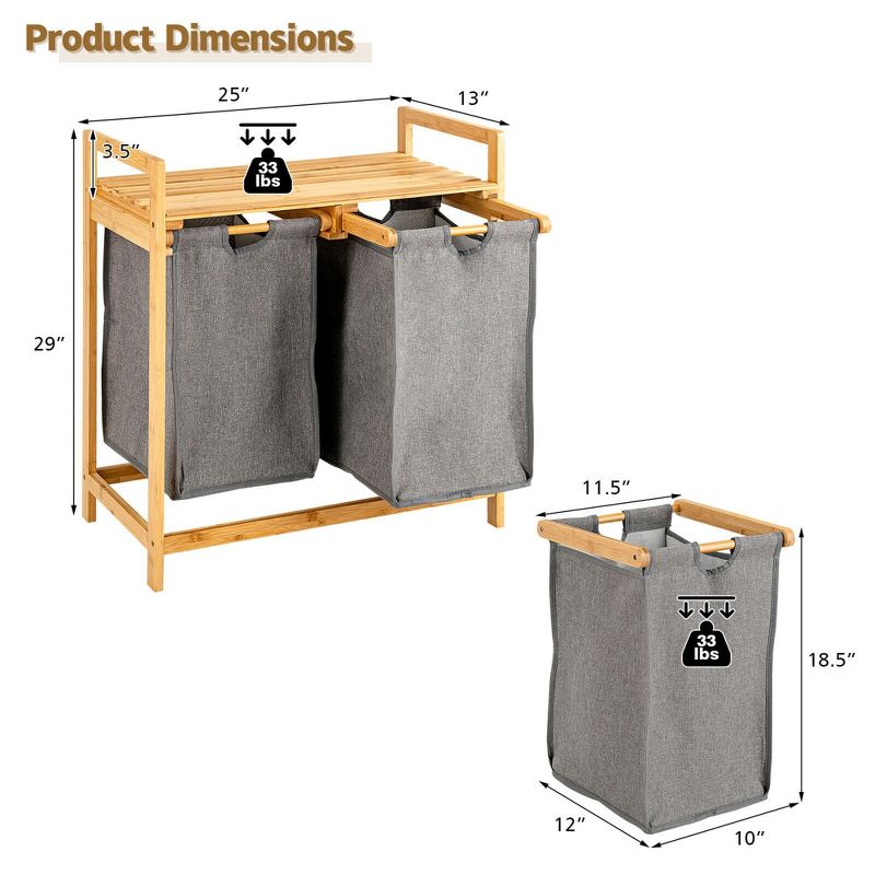 Costway Bamboo Laundry Hamper w/Dual Compartments Laundry Sorter w/Sliding Bags & Shelf, 3 of 11