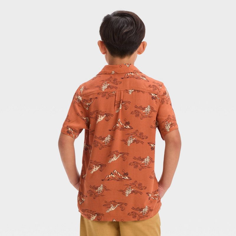 Boys' Short Sleeve Woven Dinosaur Printed Button-Down Shirt - Cat & Jack™ Orange, 3 of 8