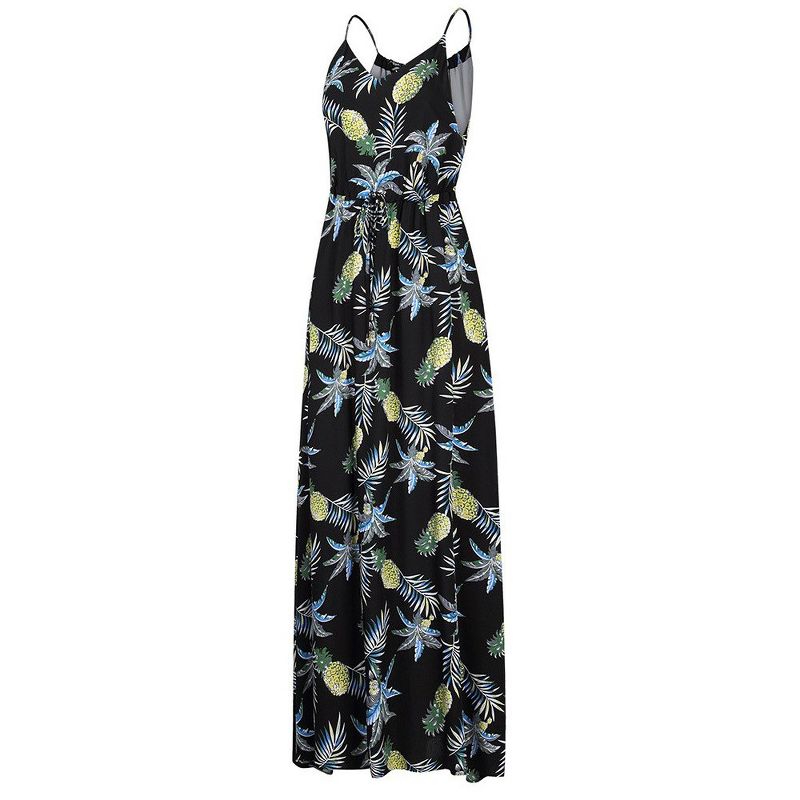 Womens V Neck Adjustable Spaghetti Strap Dress Sleeveless Boho Beach Floral Maxi Dress with Pockets, 2 of 9