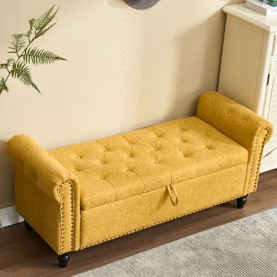 CAVINAS Industrial Rivet Storage Ottoman Bench, Upholstered Ottoman Foot Rest, Button Tufted Ottoman with Hidden Storage, End-of-Bed Bench