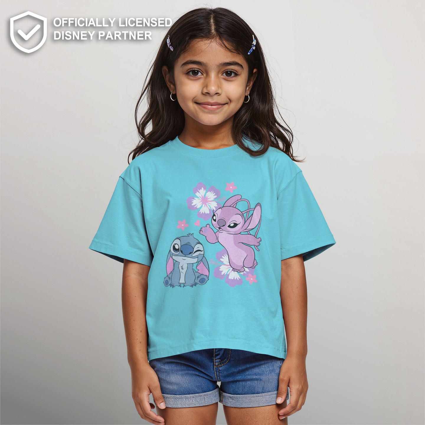 Футболка Lilo & Stitch Angel Kisses and Flowers Graphic Graphic Cropped T-Shirt - Blue для девочек, цвет: Синий — фото 2
