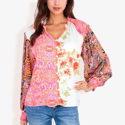 Anna-Kaci Women's Mixed Print Button Down Blouse With Long Puff Sleeves
