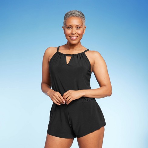 Women's Upf 50 High Neck Swim Romper With Pockets One Piece Swimsuit - Aqua  Green® Black S : Target
