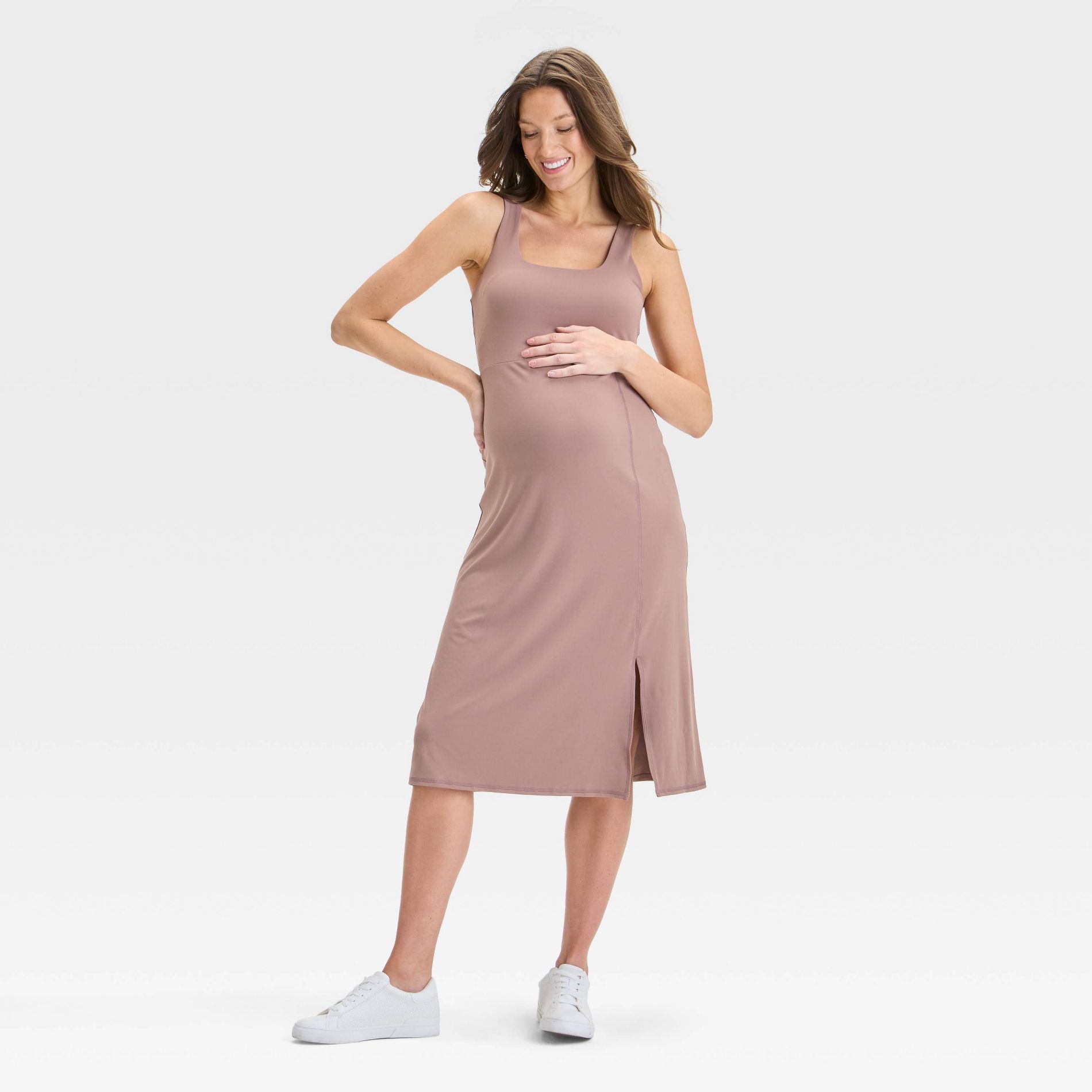 Slit Active Midi Maternity Dress - Isabel Maternity by Ingrid & Isabel™ Taupe XXL: Recycled Polyester, Sleeveless, Scoopneck, Empire Waist