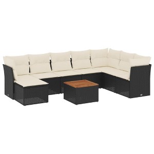 vidaXL Patio Sofa Set with Cushions Outdoor Furniture 9 Piece Poly Rattan - Black and Cream - 1 of 4