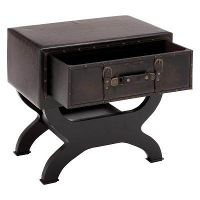 Vintage Brown Faux Leather Single Drawer Accent Table