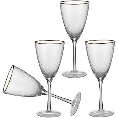 Slickblue Gold Rim Wine Glasses, Set of 4, 12 oz, Hammered Texture, Handcrafted Stemmed Glasses, 3.8"W x 9.1"H