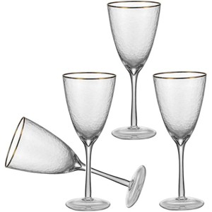 Slickblue Gold Rim Wine Glasses, Set of 4, 12 oz, Hammered Texture, Handcrafted Stemmed Glasses, 3.8"W x 9.1"H - 1 of 4