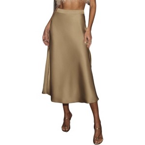 Women's Satin Midi Skirt - Flowy High Waist A-Line for Cocktail, Wedding & Vacation Outfits Light Brown - 1 of 4