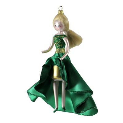 Italian Ornaments 6.75" Lady In Green Gold Hi Low Dress Ornament Woman Elegant Couture  -  Tree Ornaments