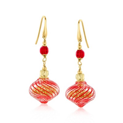 Ross-Simons Italian Red and Gold Murano Glass Bead Christmas Ornament Drop Earrings in 18kt Gold Over Sterling