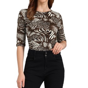 INSPIRE CHIC Women's Elbow Sleeves Boat Slim Fit Casual Stripe Animal Print Multi Floral Pattern T-Shirt - 1 of 4