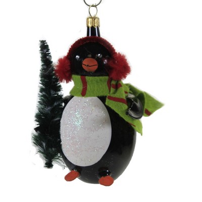 Italian Ornaments 5.0" Penguin Holding Pine Tree Ornament Christmas Bird  -  Tree Ornaments