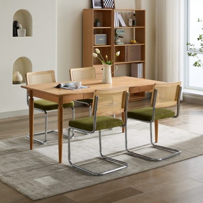 Homy Casa Set of 2 Rattan Back Dining Chairs with Green Upholstered Seat and Chrome Metal Frame