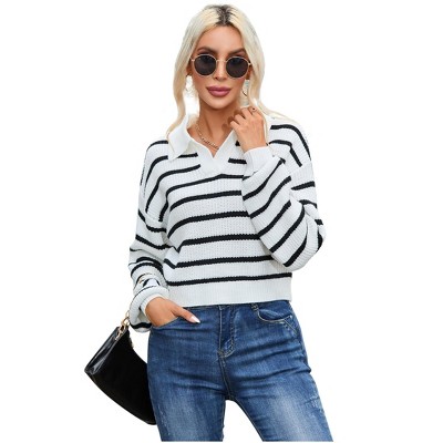 Women Striped/Soild Polo V Neck Sweater Long Puff Batwing Sleeve Knitwear Pullover Sweater Jumper Tops