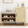 Acekool Rattan Shoe Bench with Storage Drawer and Linen Cushion, Wooden Entryway and Bedroom Bench, Natural Oak Finish - 3 of 4