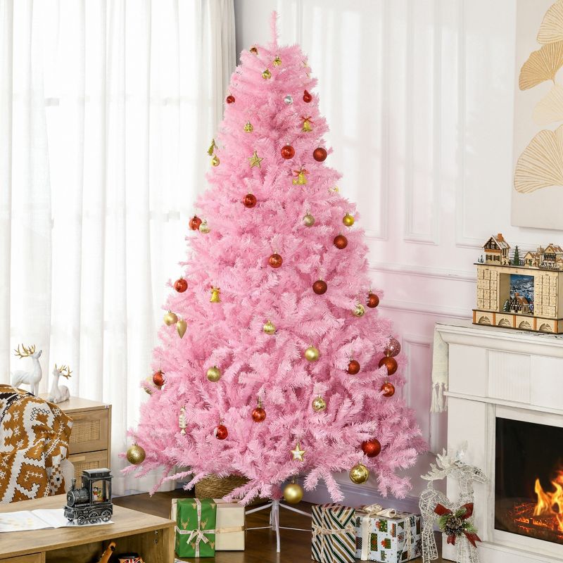 HOMCOM 7 FT Artificial Christmas Tree Holiday Decoration with Auto Open, Steel Base, Wide Shape, Pink, 3 of 7