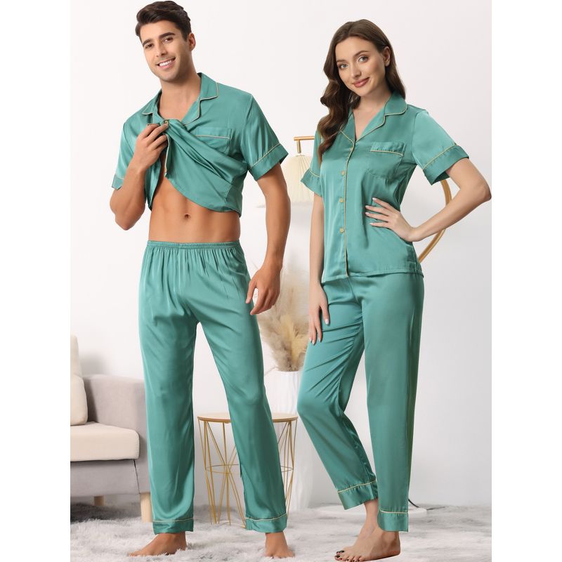 cheibear Men's Satin Sleepwear Short Sleeve Button Down T-Shirt with Pants Couple Pajama Set, 3 of 7