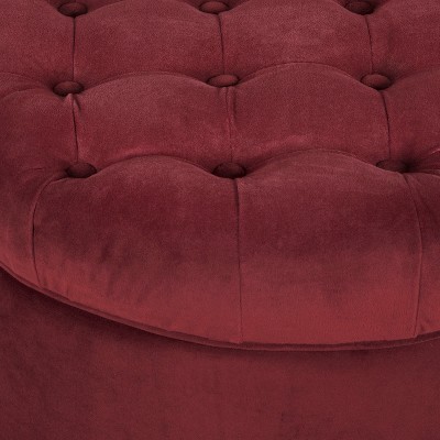 Berry Velvet Tufted Round Cocktail Ottoman with Rustic Wood Legs