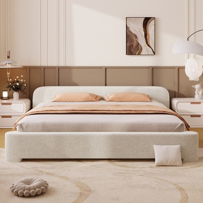 Cozy White Boucle Upholstered Platform Bed, Minimalist Design Bed with Soft Headboard, Durable Wood Frame Bed with Foam Filling-Baofuwish