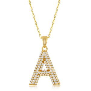 Bella Silver Sterling Silver Micro Pave CZ Block Initial w/Paperclip Chain Gold Plated 18" Pendant Necklace - 1 of 2