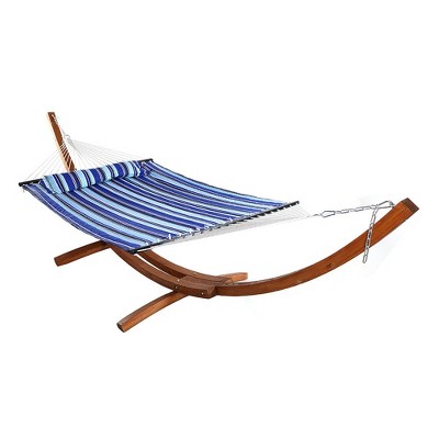 Sunnydaze Quilted Double Fabric 2-Person Hammock with Curved Arc Wood Stand - 400 lb Weight Capacity/13' Stand - Catalina Beach