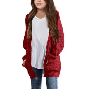Girls Long Sleeve Cardigan Sweaters Open Front Cable Knit Chunky Cardigans Kids Oversized Cute Outerwear Coat - 1 of 3
