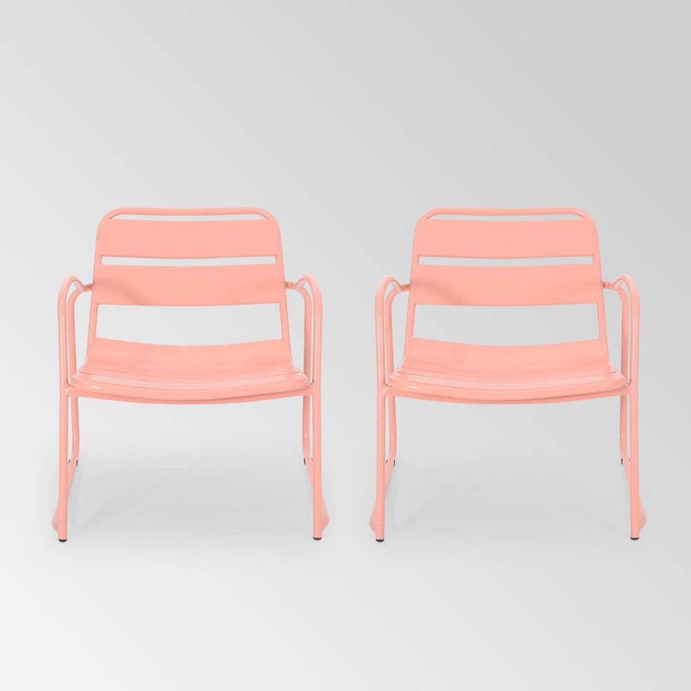 Photos - Garden Furniture Cowan Set of 2 Iron Dining Chairs - Matte Coral - Christopher Knight Home