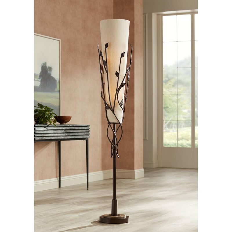 Franklin Iron Works Folia Rustic Industrial Floor Lamp 66" Tall Oil Rubbed Bronze Vine Linen Tapering Cone Shade for Living Room Bedroom House Home, 2 of 10