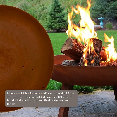 Rustic Cast Iron 34" Outdoor Wood-Burning Fire Pit Bowl with Handles